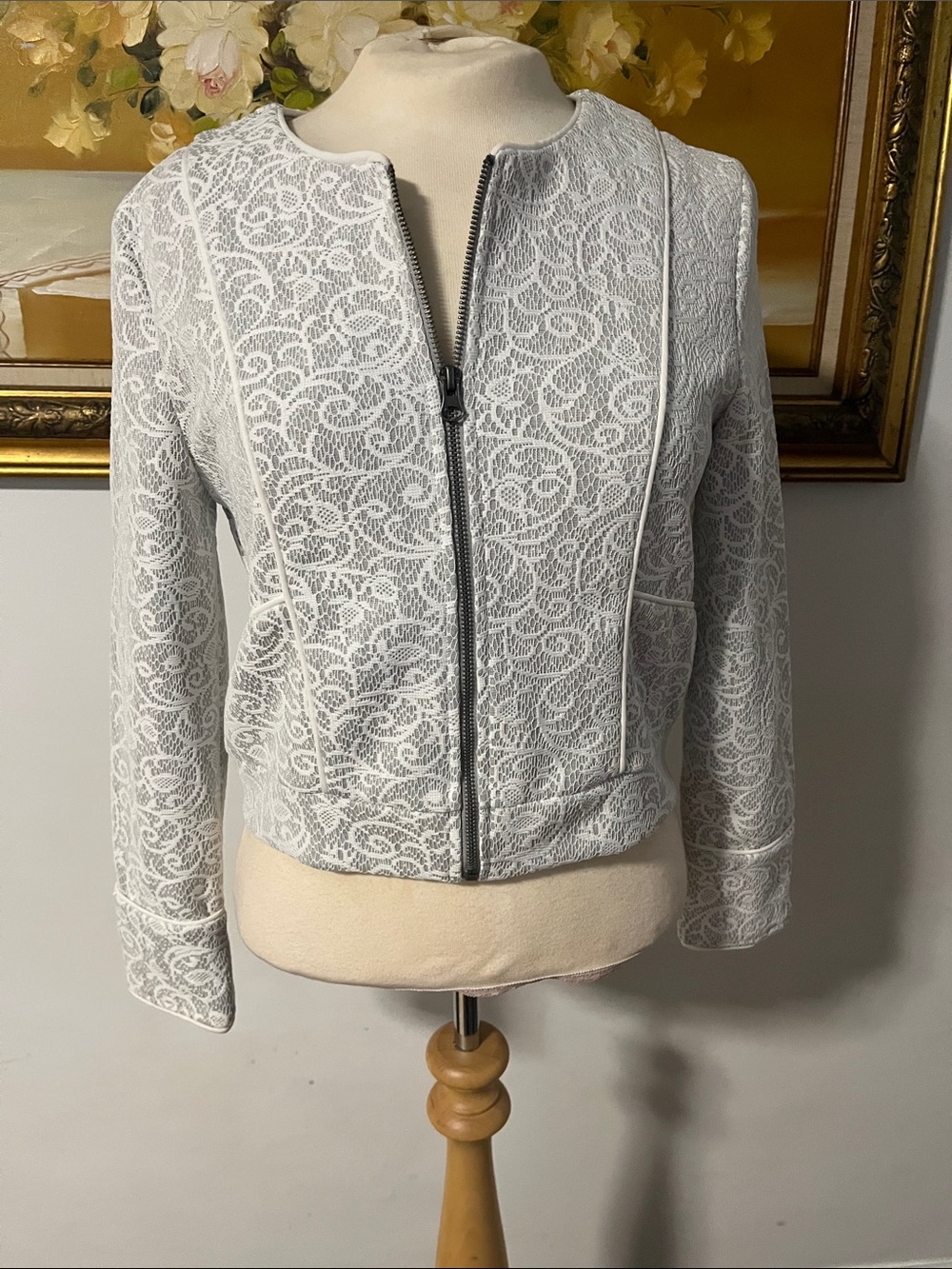 NWT Cropped Lace-Textured Zip Front Blazer Jacket - White